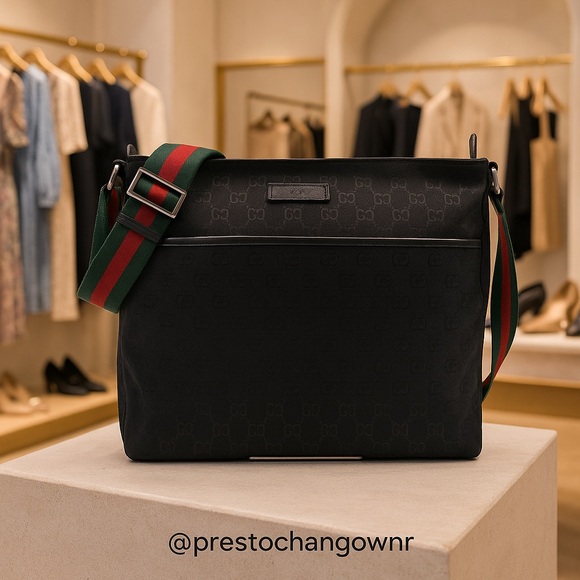 👜 Gucci Black GG Canvas Crossbody Bag with Web Strap - Picture 1 of 1